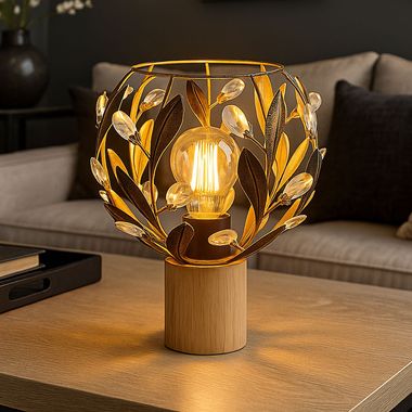 Tischleuchte, Holz, Gold, Kristalle, H 25 cm