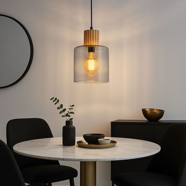 Lampada a sospensione, legno, vetro fumé, 1 fiamma, H 120 cm