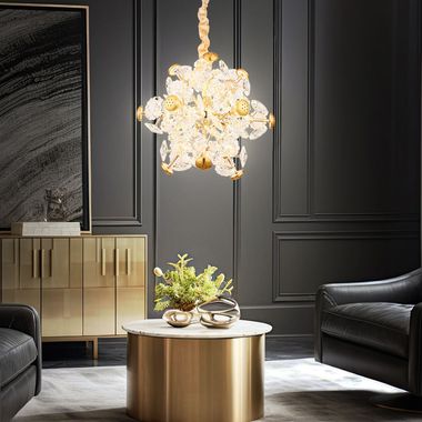 Pendelleuchte, Metall, Goldfarbe, Glaskristalle, D 40 cm