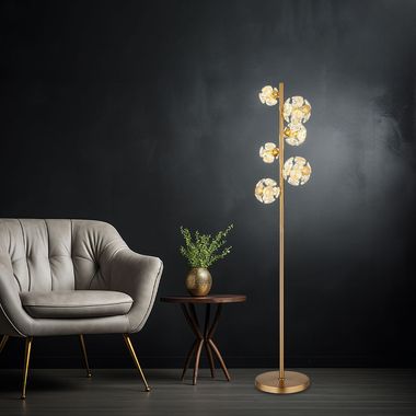 LED Stehleuchte, Kristalle, Kugeln, gold, H 155 cm