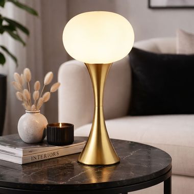 Lampada da tavolo, colore ottone, vetro opalino, H 36,9 cm