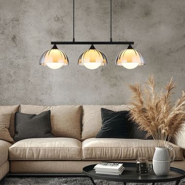 Hanglamp, 3-vlam, glas, rook opaal, zwart, L 70 cm