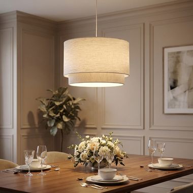 Lampa wisząca, beżowy materiał, wys. 150 cm