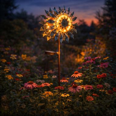 Lampe solaire LED, moulin à vent, métal verre brisé, or bleu antique, H 92 cm