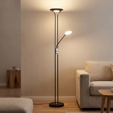 Lampa podłogowa LED, czarna, metal, ściemnialna, funkcja czytania, wys. 180 cm