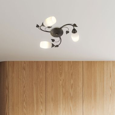 Plafonnier, couleur rouille, verre albâtre, feuilles, D 50 cm