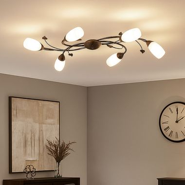 Ceiling lamp, rust-coloured, alabaster glass, leaf design, W 106 cm