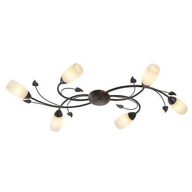 Lampada da soffitto, color ruggine, vetro alabastro, motivo a foglia, L 106 cm