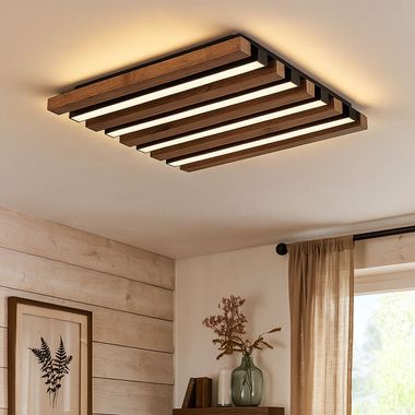 Plafonnier LED, aspect bois, brun, L 30 cm