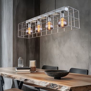 Pendant light, cage made of reinforcing steel mesh, zinc-coloured