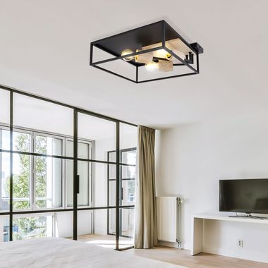 Plafondlamp, metalen frame met houtdecor, zwart, naturel