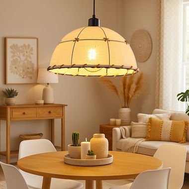 Lampada a sospensione, corda di canapa, cuciture decorative, beige, nero, H 120 cm