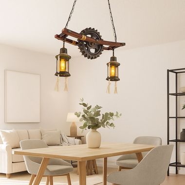 Hanglamp, hout, steampunk ontwerp, glas, L 62 cm