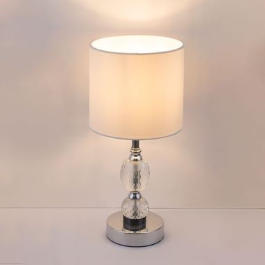 Chrom Tischleuchte, Textil weiß, Kristallglas, H 47 cm