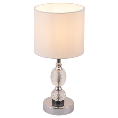 Lampe à poser chromée, textile blanc, verre cristal