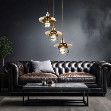 Suspension lamp, antique brass, black, 3 pendants, round, grid