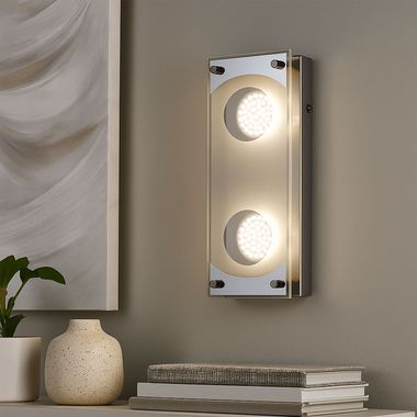 LED wall light, chrome, steel, satinised glass, L 26 cm