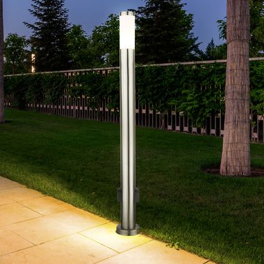 Lampadaire LED, 2x prises de courant, acier inoxydable H 110 cm