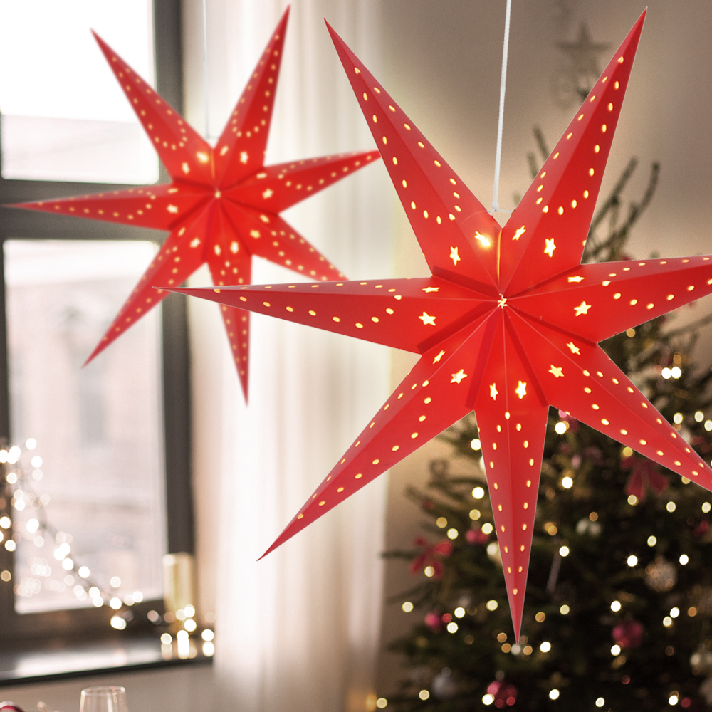 Papierstern Weihnachtsdekoration – 4 Stück, 30 Cm, Rot, Mit Mini-LED-Lichtern, Für Baum & Wand