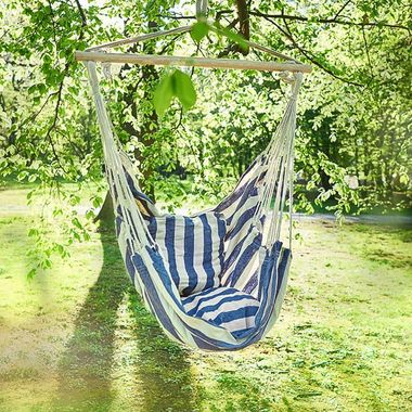 Hanging chair, blue, white, cotton, wood, cushions