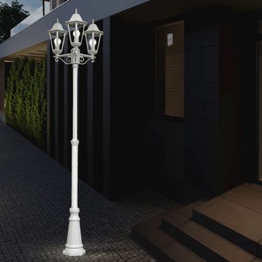 Stehlampe, Kandelaber, Aluguss, Glas, weiß, H 220 cm