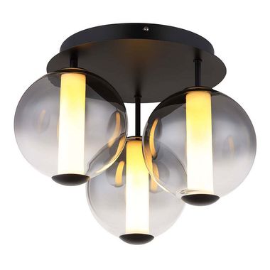 Plafonnier LED noir, boule en verre fumée, H 29,5 cm