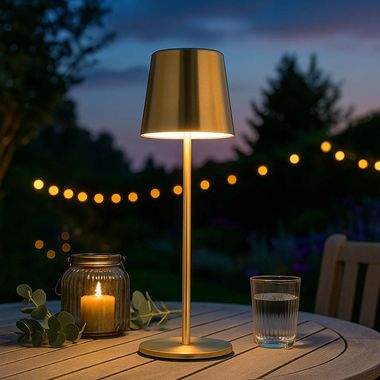 Lampe de table LED, or, métal, batterie, variateur tactile, H 28 cm