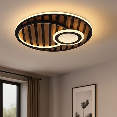 LED Deckenlampe, 3-Stufen, 3D Effekt, Holz, schwarz, D 50 cm