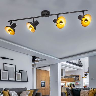 LED ceiling lamp, movable spots, metal, black, gold