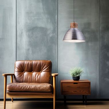 Lampe à suspension, argent, fer, bois, diamètre 41 cm