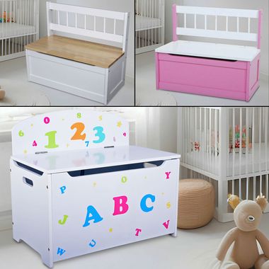 Banc coffre pour enfants, amortisseur, bois résineux/MDF, blanc, rose, lettres