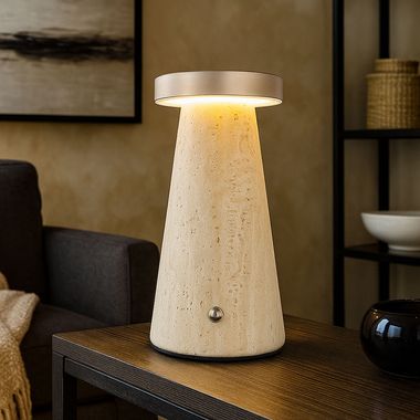 LED table lamp, rechargeable battery, touch, travertine stone, H 16 cm
