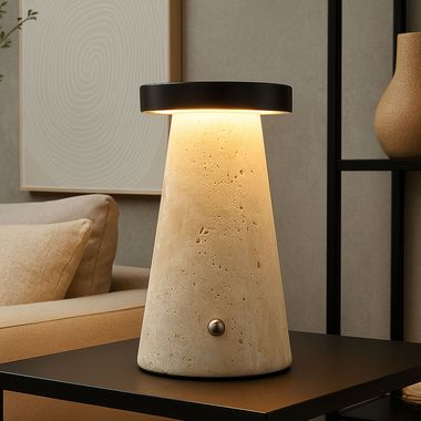 LED Tischleuchte, Akku, Touch, Travertine Stein, H 16 cm