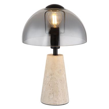 Lampa stołowa, kamień trawertyn, szkło w kolorze dymu, wys. 31 cm