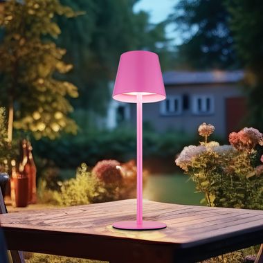 LED table lamp, pink, rechargeable battery, touch dimmer, bottle attachment