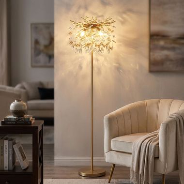 Lampada da terra, oro, metallo, braccio flessibile, colonna, 5 fiamme, H 155 cm