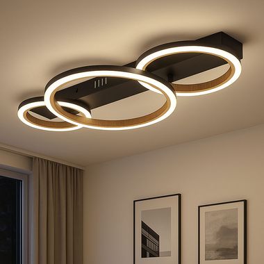 Plafonnier LED, aspect bois, Ring Design, L 58 cm