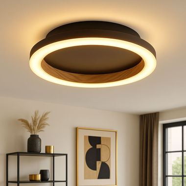 LED ceiling light, wood-effect, black, D 20.5 cm