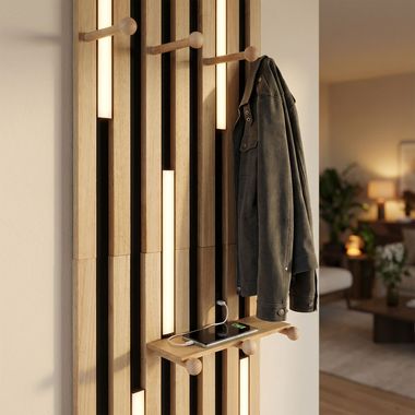 LED wandlamp, kapstokpaneel, zwart, USB-uitgang, H 110 cm