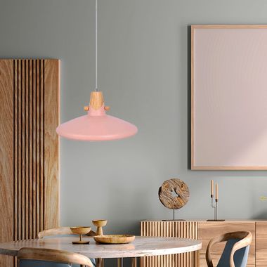 Hanglamp, roze, metaal, houteffect, H 150 cm