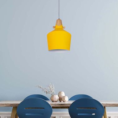 Pendant light, yellow, metal, wood-effect, H 150 cm