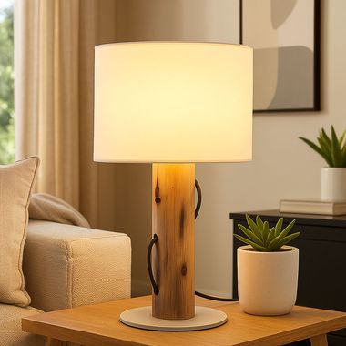 Lampada da tavolo, legno marrone, paralume bianco, E14, H 32 cm