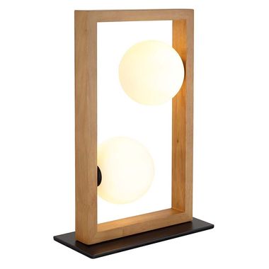 Lampe de table, boule en verre opale, bois marron, H 40 cm