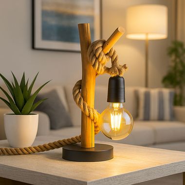 Tischleuchte, Eukalyptusholz, Hanfseil, H 40 cm