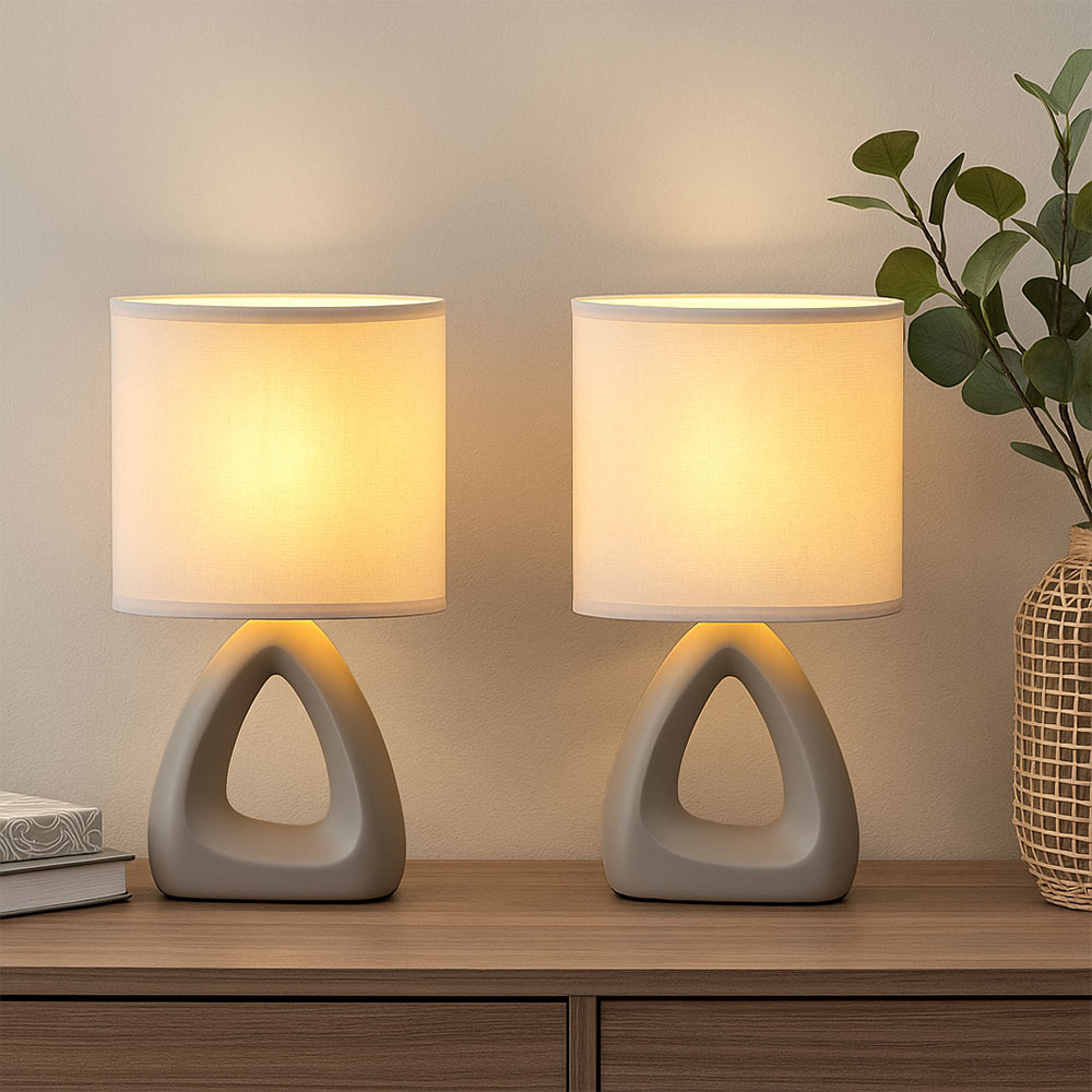 Produktbild von Tischlampe Mit Keramikfuß In Creme Steinoptik 60 Cm Lampenschirm Weiß