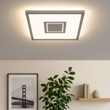 Plafonnier LED, rétroéclairage, nickel mat, carré, L 42,3 cm