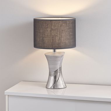Table lamp, silver ceramic, grey linen fabric, H 44 cm