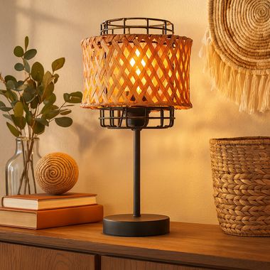 Boho Tischleuchte, Käfig, Bambusgeflecht, schwarz, H 32 cm