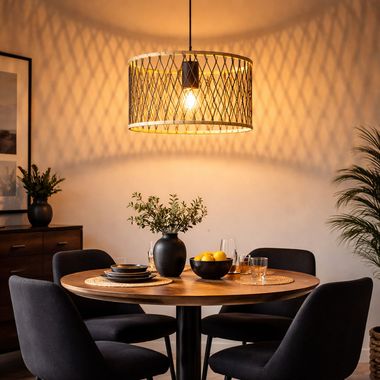 Hängeleuchte, Metall, schwarz matt, Bambus, H 150 cm