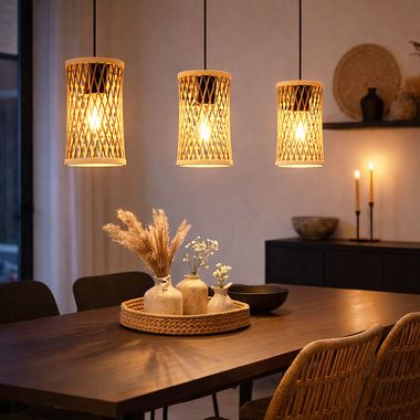 Pendant light, black, bamboo, 3-light, L 72 cm